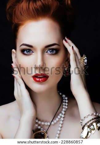 beauty stylish redhead woman with hairstyle and manicure wearing jewelry, qween ginger