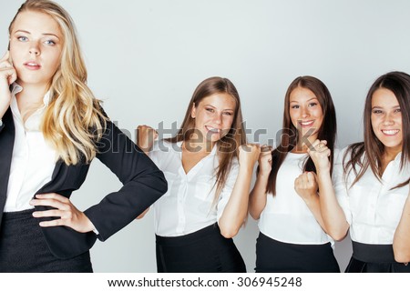 businesspeople women team talking gesture celebrating sucsess emotional on white background