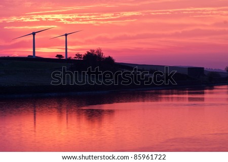 Chelker Reservoir wind farm turbines five minutes before sunrise