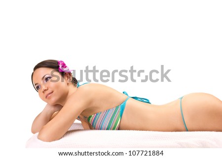 beautiful young woman in  recreation swimsuit recreation isolated on the white