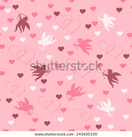 seamless with hearts and cupid on pink background, vector illustration