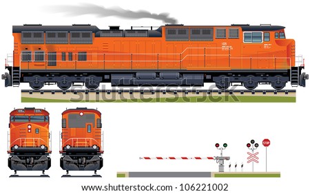 Diesel Locomotive  (Train #6). Elements (smoke, ground, signs, locomotive views) are in the separate layers.