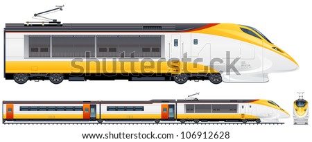 High-speed passenger train in vector (Train #2). Pixel optimized. Elements (locomotives, carriages, rails) are in the separate layers. In the side, back and front views.