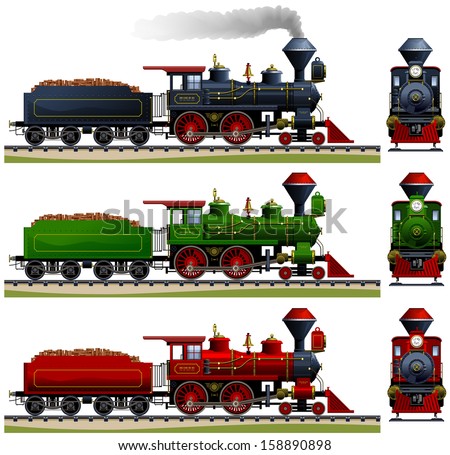 Wild West steam locomotive. Pixel optimized. Elements are in the separate layers. In the side and back views. The appropriate cars are also available ( Image ID: 158890838 )