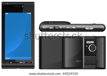 The mobile phone from the  side, front and top views in vector format.