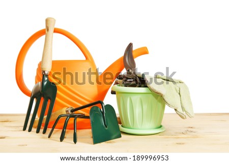 Various garden tools isolated over white background