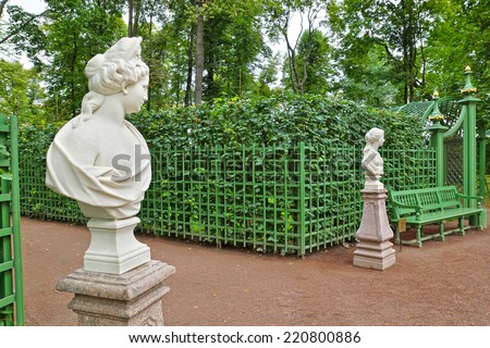 Medieval sculptures in the Summer Gardens park in Saint-Petersburg, Russia