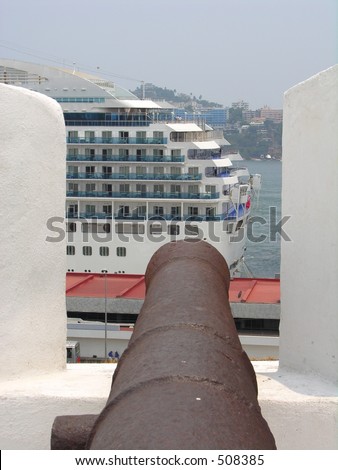 A historical cannon shooting a cruise ship ;-)
