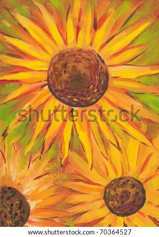 Beautiful sunflowers drawn by oil