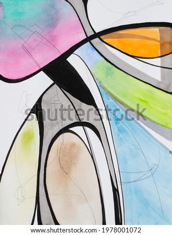 A contemporary abstract painting, in watercolor, pencil and indian ink.