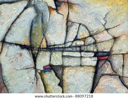 a watercolour and ink painting of rocks on a beach