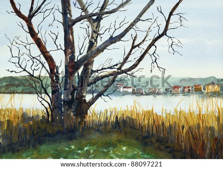 a watercolor painting showing a view across Linlithgow Loch, West Lothian, Scotland