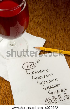 Ideas, charts, innovation on a cocktail napkin in a bar with wine and snacks