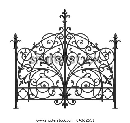 Black forged gates with decorative lattice isolated on white background
