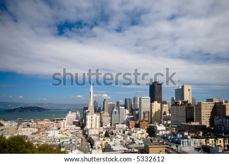 San Francisco financial district and downtown. Wide angle horizontal composition.