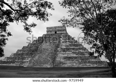 Temple of Kukulcan at the Mayan Ruins of Chichen Itza in Mexico.Photo processed in black and white.