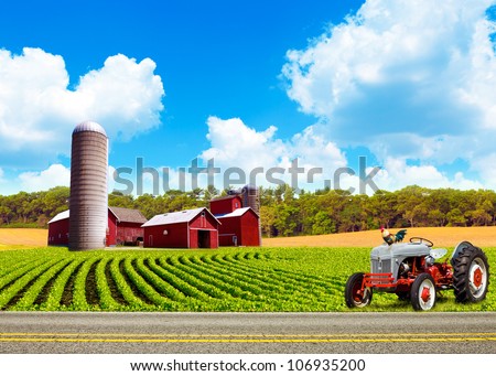 Country Farm Landscape With Tractor
