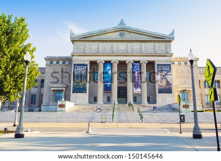 CHICAGO, ILLINOIS - AUG 10: The Field Museum is located on Lake Shore Drive next to Lake Michigan, part of a scenic complex the Museum Campus, on August 10, 2013 in Chicago, Illinois, USA