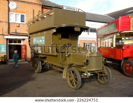 LONDON - OCTOBER 16: One of over 1,000 London buses sent to France for use as troop transports during the First World War and now restored at the London Bus Museum. October 16, 2014 in London.