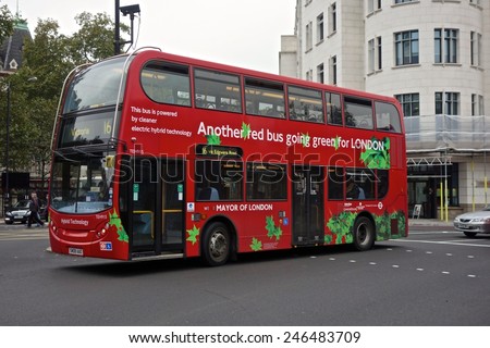 LONDON - OCTOBER 16: A London bus on June 26, 2014 in London, London buses are increasingly fuel efficient. October 16, 2014 in London.