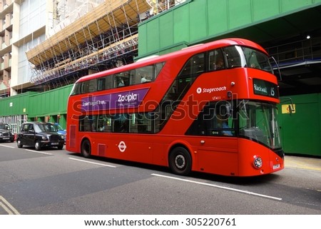 LONDON - AUGUST 11: A London bus at Cannon Street, London. London buses are increasingly fuel efficient. August 11, 2015 in London.