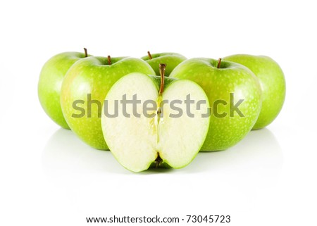 Five juicy, beautiful, big apple and half apple on a white background.