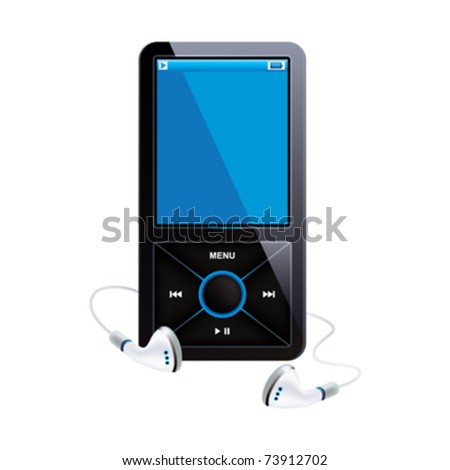 Black mp3 player, blue display and white handset, on a white background.