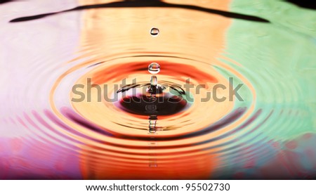 Two round droplets fall into the water with a tricolor reflection.