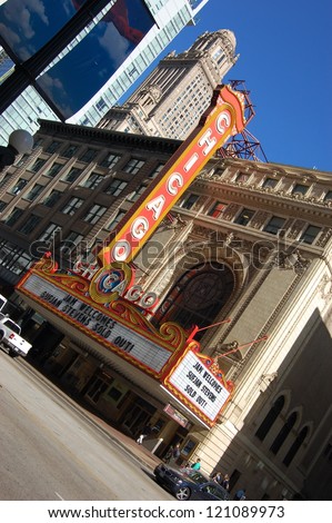 CHICAGO - JUNE 14: The famous Chicago Theater is a historic landmark located on North State Street in the Loop. It first opened to the public in 1921. Pictured on June 14, 2010 in Chicago, Illinois.