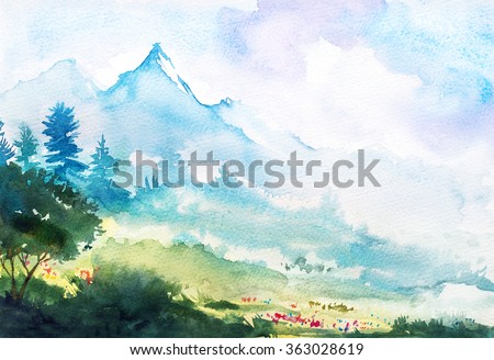 Spring mountain watercolor landscape.