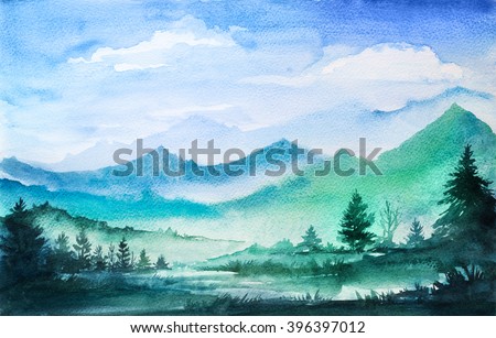 Mountain watercolor landscape.
