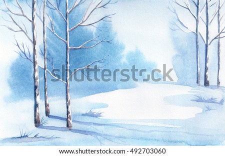Winter landscape. Watercolor landscape illustration. Christmas background.