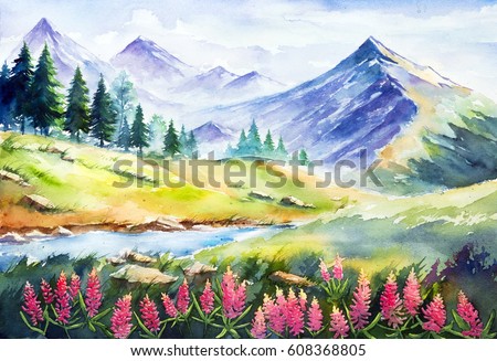 Watercolor illustration. Spring landscape.
