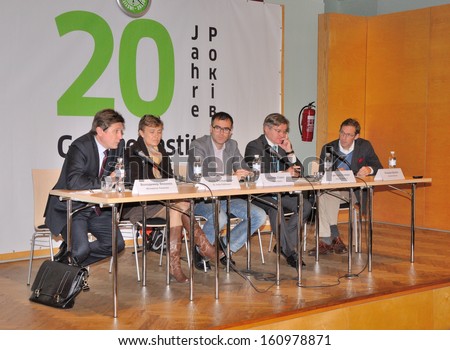 KIEV, UKRAINE - 1 OCTOBER 2013: Ukrainian and German political experts speak on the political conference devoted to European integration of Ukraine on October 1, 2013 in Kiev, Ukraine.