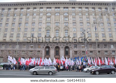 KIEV, UKRAINE Ã¢Â?Â? CIRCA OCTOBER 2013: Unknown people takes part in a meeting of Ukrainian oppositional parties near the Kiev city-hall on October 2013 in Kiev, Ukraine.