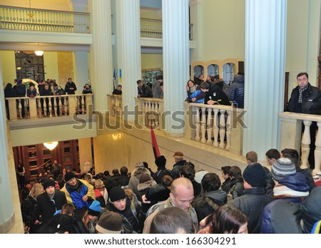 KIEV, UKRAINE Ã¢Â?Â? 2 DECEMBER 2013: Unknown demonstrators occupy the Kiev city-hall after dispersal of proeuropean meeting on December 2, 2013 in Kiev, Ukraine.