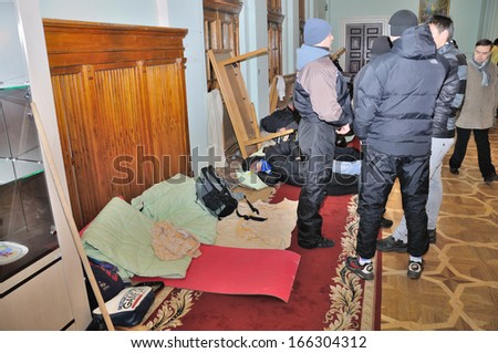 KIEV, UKRAINE Ã¢Â?Â? 2 DECEMBER 2013: Unknown demonstrators occupy the Kiev city-hall after dispersal of proeuropean meeting and sleep here on December 2, 2013 in Kiev, Ukraine.