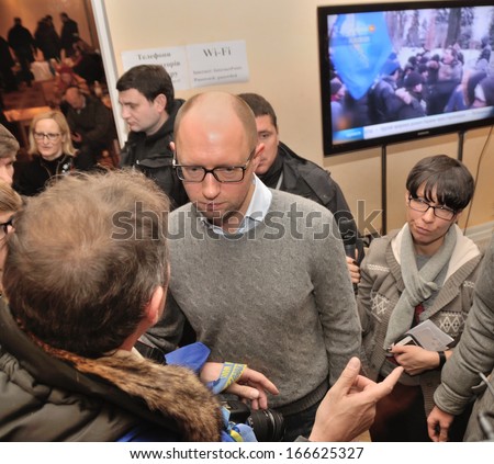 KIEV, UKRAINE - 8 DECEMBER 2013: The leader of Ukrainian opposition Arseniy Yatsenyuk meets with journalists on a briefing in Ukraine on December 8, 2013 in Kiev, Ukraine.