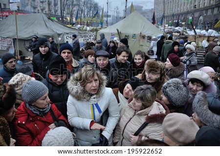 KIEV, UKRAINE - 24 JANUARY 2014: The deputy of Ukraine Ksenia Liapina meets with people during revolution on January 24, 2014 in Kiev, Ukraine