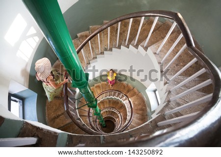 Woman standing on Spiral stairs inside of lighthouse in Kovalam, Kerala, India
