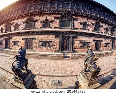 Fifty five window palace and mythological lions on Durbar square in Bhaktapur, Kathmandu valley, Nepal