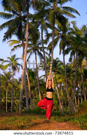 Beautiful woman in red Indian trousers doing tree pose vrikshasana surrounded by palm tree forest. India, Kerala