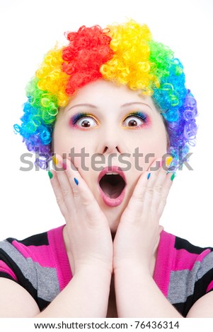 Beautiful Woman In Rainbow Clown Wig With Freckles And Creative Rainbow ...