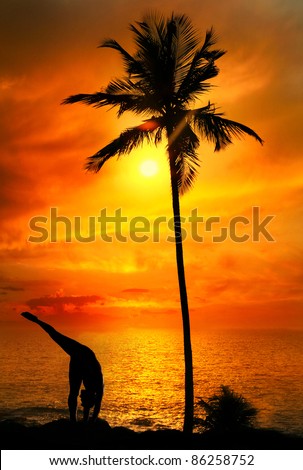 Yoga Urdhva Prasarita Eka Padasana pose by Man in silhouette with palm tree nearby outdoors at ocean and sunset background. Vagator beach, Goa, India