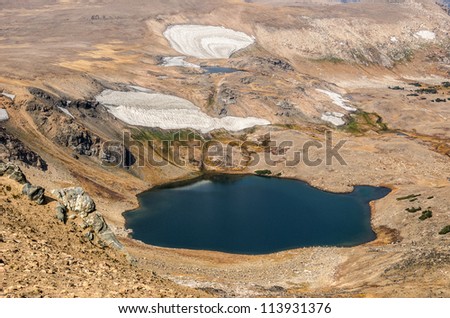 Mountain lakes and glaciers in an alpine tundra area of the Beartooth Mountains in Wyoming