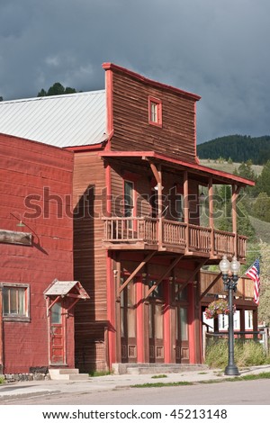 Building with false front and second story porch or balcony looks like it belongs to the days of the WIld West