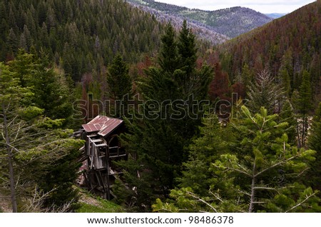 Wooden structure probably part of a mining operation hidden by trees in the mountains of Montana