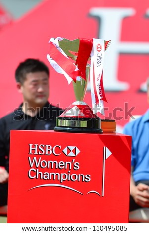 SINGAPORE - MARCH 3: The HSBC Women Trophy on the podium during the prize presentation of the HSBC Women\'s Champions at the Sentosa Golf Club on March 3, 2013 in Singapore.