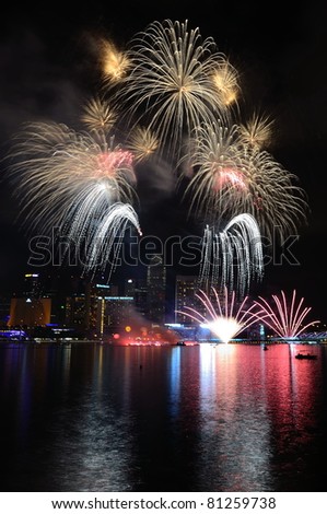 SINGAPORE - JULY 2: Fireworks display during National Day Parade Singapore 2011 CR3 on July 2, 2011 in Singapore.