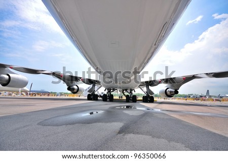 SINGAPORE - FEBRUARY 17: Under the fuselage of Singapore Airlines (SIA) last Boeing 747-400 aircraft at Singapore Airshow on February 17, 2012 in Singapore